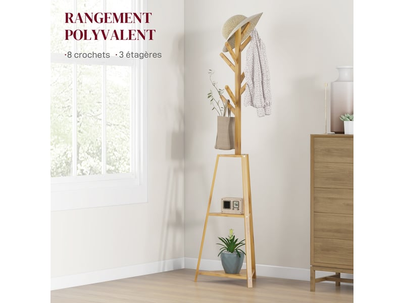  Porte-manteau sur pied avec 8 patères 3 étagères en bambou naturel 46x46x175 cm  - Conforama E