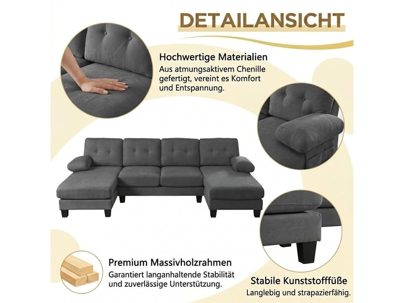 Canapé d'angle, canapé tissu : avec méridienne, forme u, en tissu, gris - Conforama D