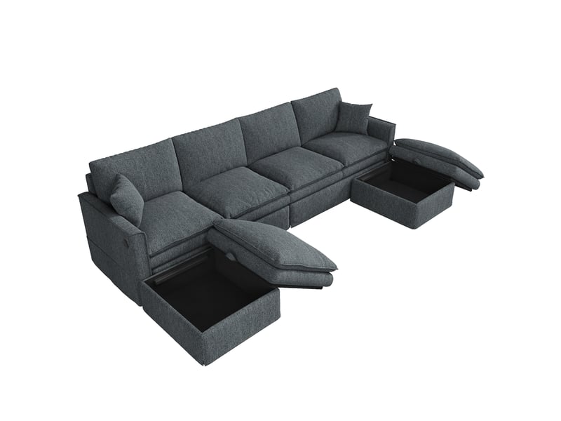  Canapé d'angle modulable modenvie 6 places en u ou en l avec 2 poufs mobiles dotés d'un rangement, tissu coton et lin gris, 277 x 135 x 80 cm  - Conforama A