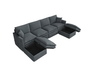 Canapé d'angle modulable modenvie 6 places en u ou en l avec 2 poufs mobiles dotés d'un rangement, tissu coton et lin gris, 277 x 135 x 80 cm