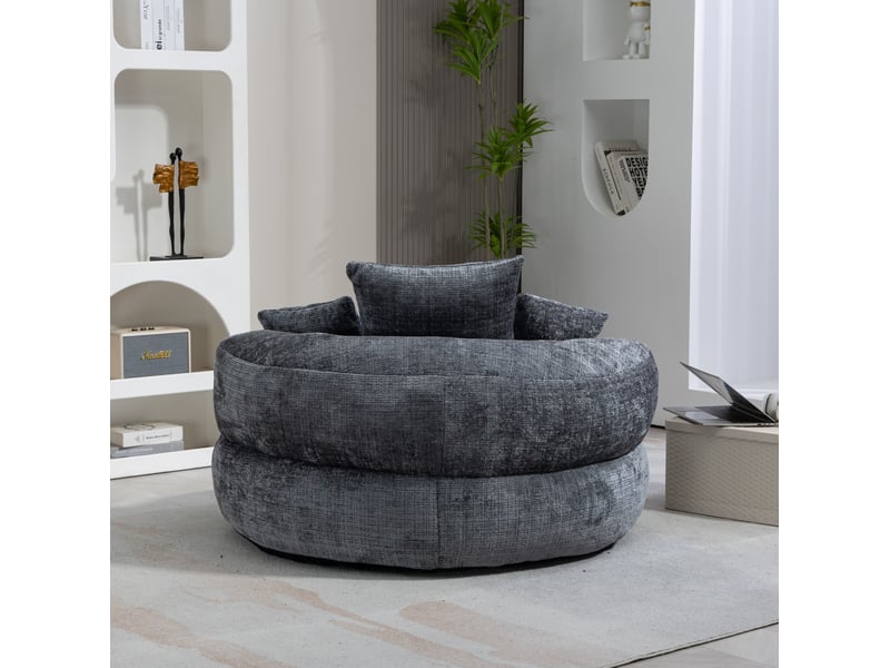  Fauteuil poire modenvie en chenille gris avec dossier haut, accoudoirs et trois coussins 108 x 108 x 52 cm  - Conforama E
