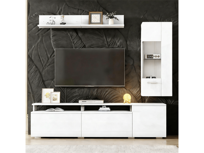  Ensemble meuble tv mural blanc laqué 3 pièces avec led pour écran 80 pouces  - Conforama W