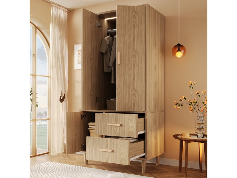 Armoire penderie 80x48x176 cm avec led à capteur, 2 tiroirs, étagères ouvertes et tringle en métal, garde-robe à fermeture douce, blanc et effet chêne Seren Glow - Conforama E