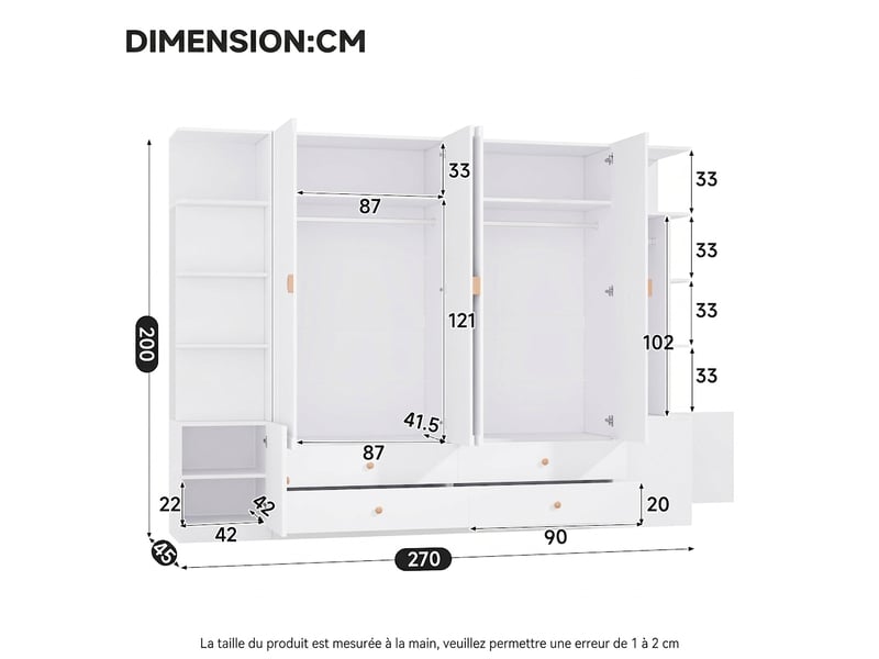  Armoire penderie 90x50x200 cm 4 portes blanche et chêne avec tiroir à bijoux  - Conforama W