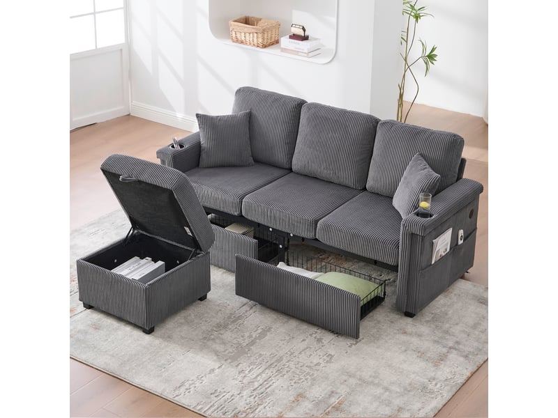 Canapé d’angle 3 places 194x73x81 cm avec led, usb-c, repose-pieds coffre, porte-gobelets, poches, salon chambre bureau, velours côtelé, gris foncé Bubbly - Conforama B