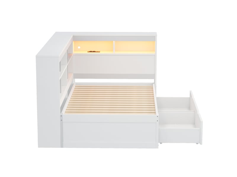  Lit banquette avec rangements, bois massif blanc, 90x200 cm, led, usb et prise intégrée  - Conforama A