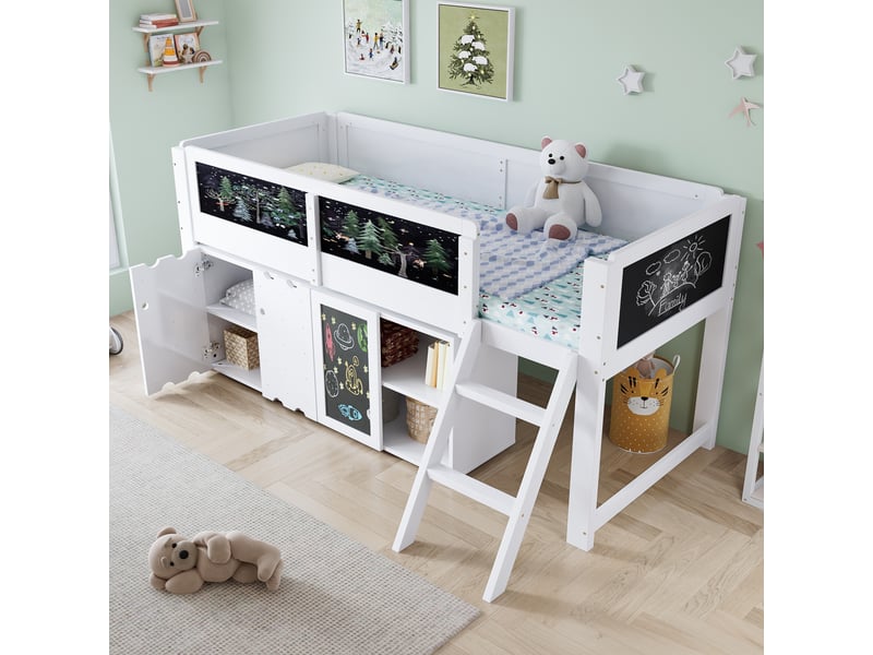  Lit mezzanine enfant 90x200 cm blanc, armoires, tableau noir, échelle et garde-corps  - Conforama E