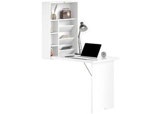 Bureau pliable mural, table murale pliante avec étagères pour salon, salle à manger, bureau, 93,8 x 60 x 147 cm, blanc