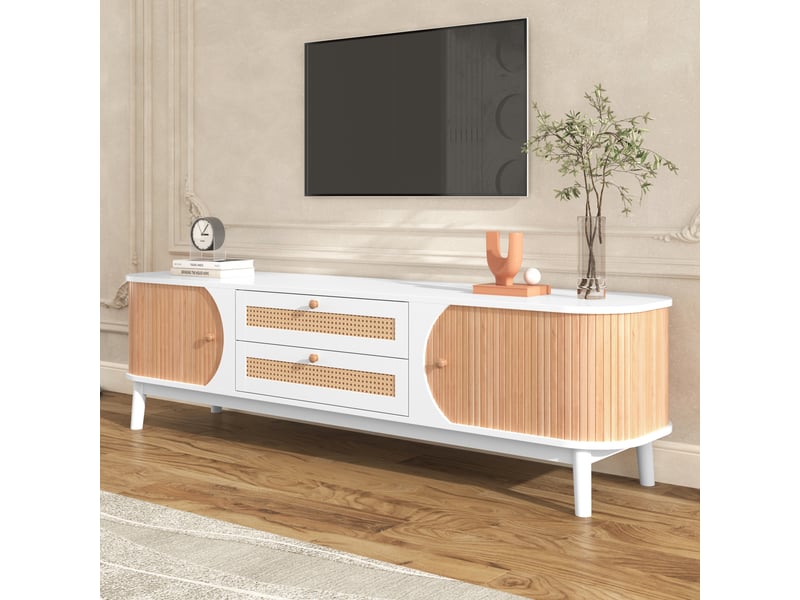 Meuble tv bas 180 cm en bois blanc et rotin – rangement avec portes et tiroirs – style champêtre  - Conforama E