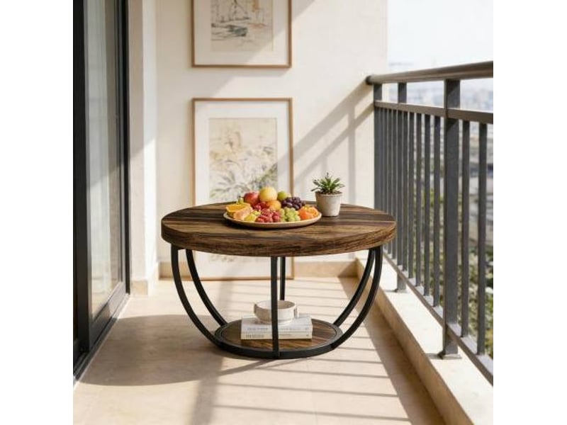  Table basse ronde à 2 niveaux, plateau en panneau de bois composite, finition rustique  - Conforama E
