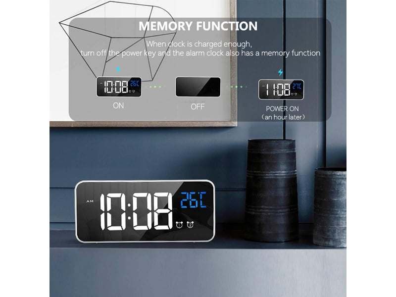  Réveil numérique avec grand affichage de la température led, alarme de miroir portable avec double alarme roupillon temps gradateur(blanc)  - Conforama E