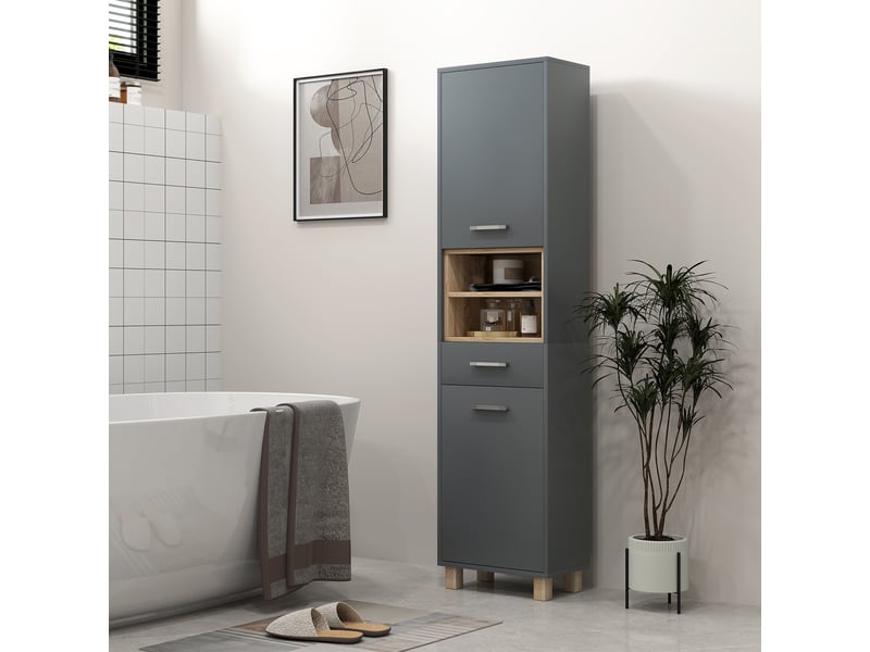  Colonne salle de bain, meuble salle de bain rangement avec 2 placards, tiroir et 2 compartiments ouverts, gris  - Conforama B