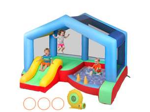 Château gonflable pour enfants avec souffleur, toboggan, trampoline, piscine à balles, jeu de cerceaux et auvent