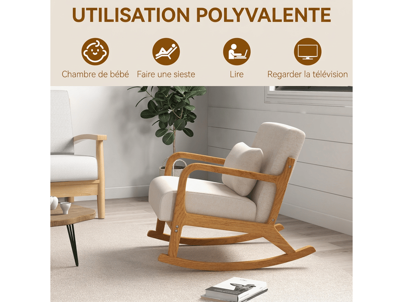  Fauteuil à bascule rembourré avec accoudoirs, fauteuil relax pour chambre et salon, structure en bois, blanc crème, 64,5x92x81,5 cm  - Conforama W