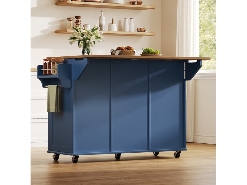  Desserte de cuisine bleu et marron avec plateau rabattable, 2 tiroirs, 2 portes et roulettes  - Conforama E