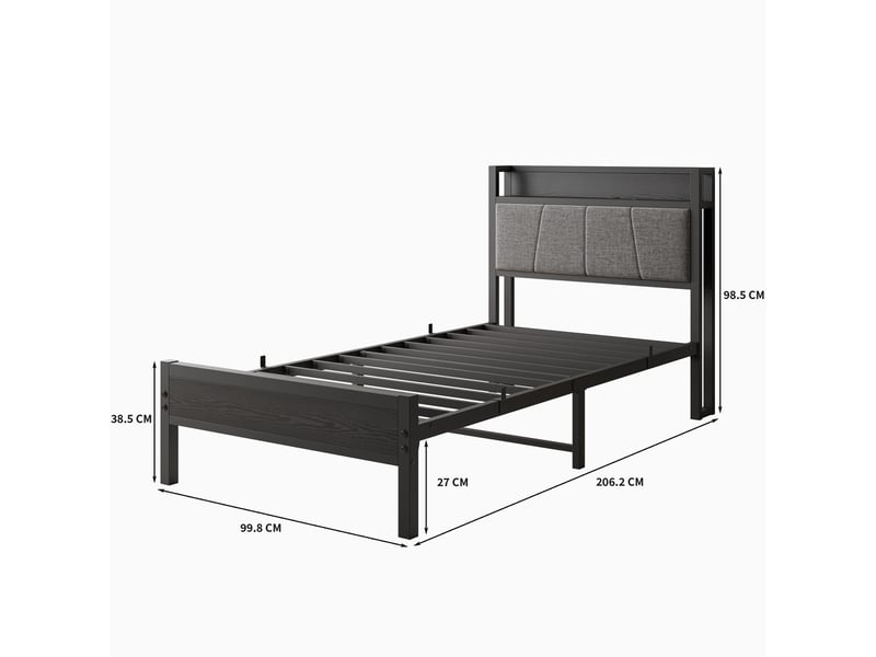  Tcqpz lit adulte 90x200 cm noir en métal et mdf avec tête de lit et rangement  - Conforama C