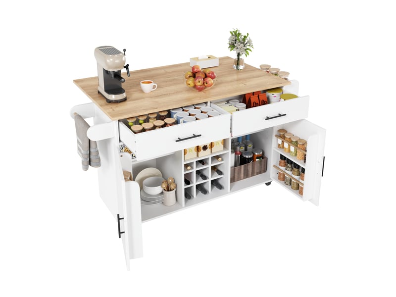  Îlot de cuisine mobile avec plateau rabattable, 2 tiroirs, range-bouteilles, porte-serviettes, blanc et décor bois  - Conforama A