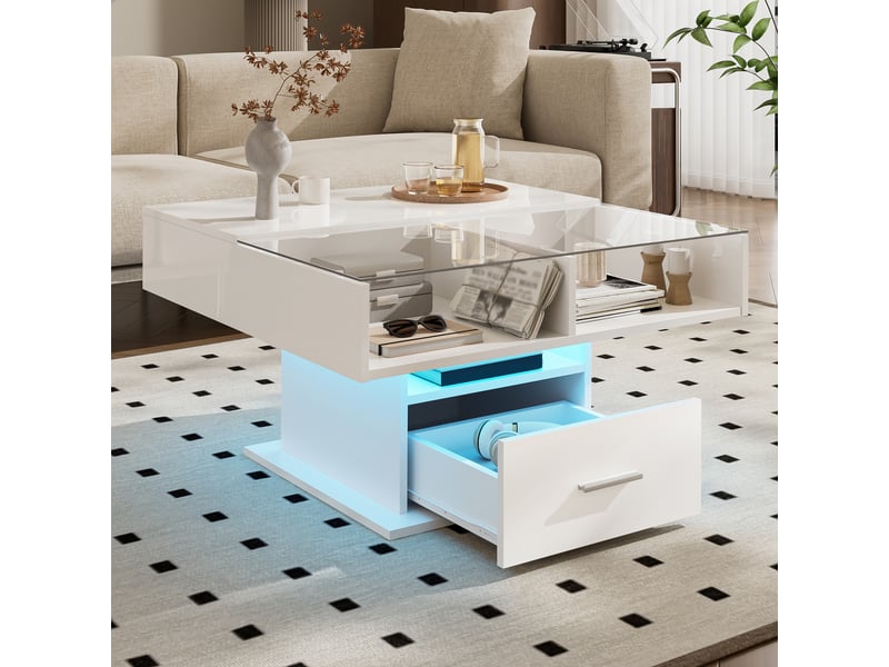  Table basse relevable multifonctionnelle avec led, hauteur réglable, rangement, blanc  - Conforama D