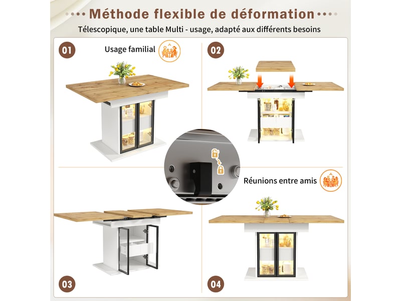  Table à manger extensible led 110-140 cm, 2 tiroirs, portes vitrées coulissantes, rangement intégré, blanc et naturel Sol Morn - Conforama E