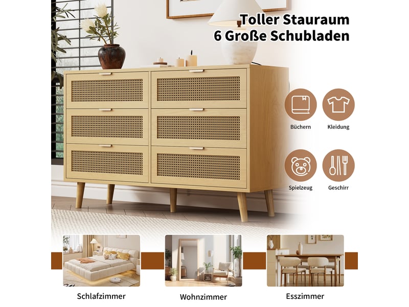  Commode chêne, 120 × 40 × 76,5 cm, panneau de particules, avec 6 tiroirs, façades effet rotin, pieds en métal, rangement quotidien  - Conforama C