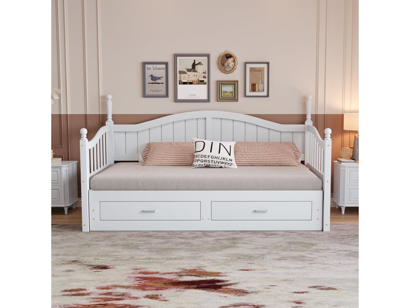  Lit gigogne 2 places 90180x190 cm, canapé-lit convertible en bois massif avec tiroirs et sommier, lit double en pin, blanc  - Conforama C