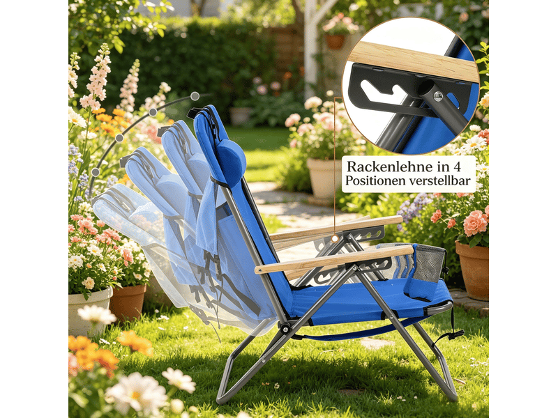  Fauteuil de jardin pliant bleu en tissu oxford, dossier réglable sur 4 positions et appuie-tête, supporte 150 kg  - Conforama D