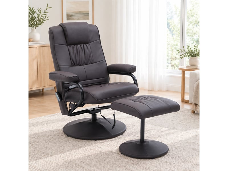  Fauteuil de relaxation massant avec repose-pieds pivotant 360° en similicuir marron  - Conforama C