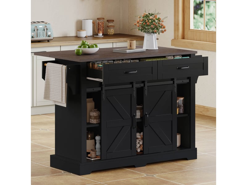  Îlot de cuisine noir style grange avec plateau rabattable, desserte sur roulettes, 2 portes coulissantes, 120x70x91 cm  - Conforama R