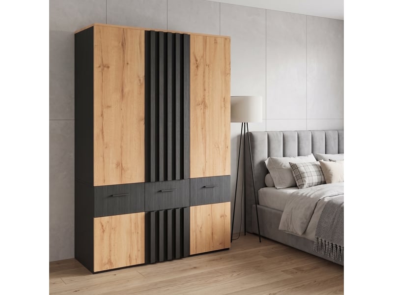  Armoire haute 90 x 50 x 200 cm, portes à effet lamelles, 2 tringles à vêtements, 3 tiroirs, 6 compartiments de rangement Bliss Lite - Conforama D