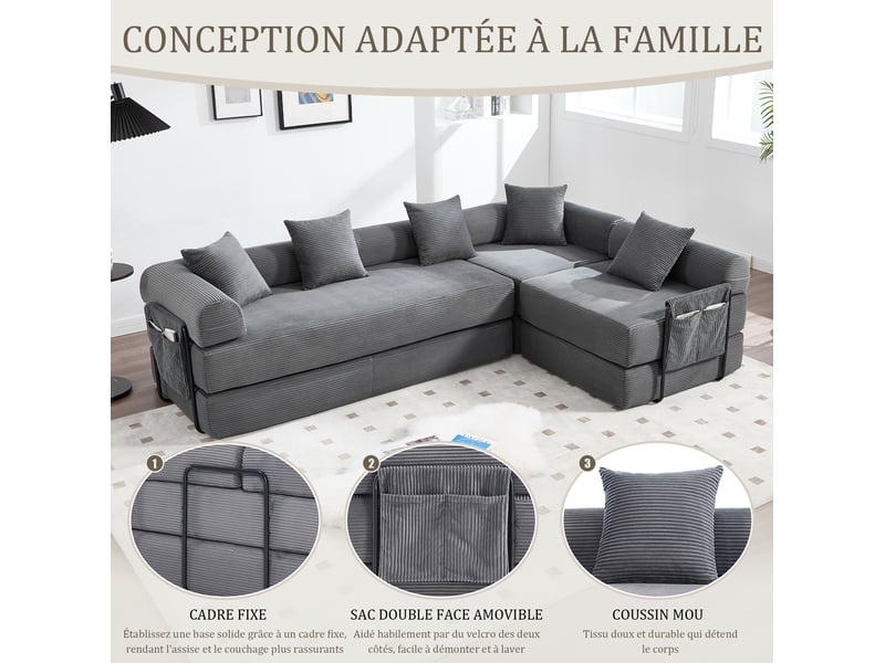 Canapé d'angle 4 places moderne 270x180x64 cm, modulable à volonté, poches, rangement, velours côtelé gris foncé - Conforama D