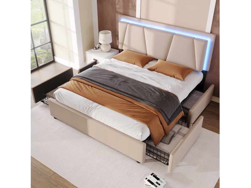  Lit 140x200 cm avec 4 tiroirs de rangement, éclairage led et tête de lit réglable beige  - Conforama B