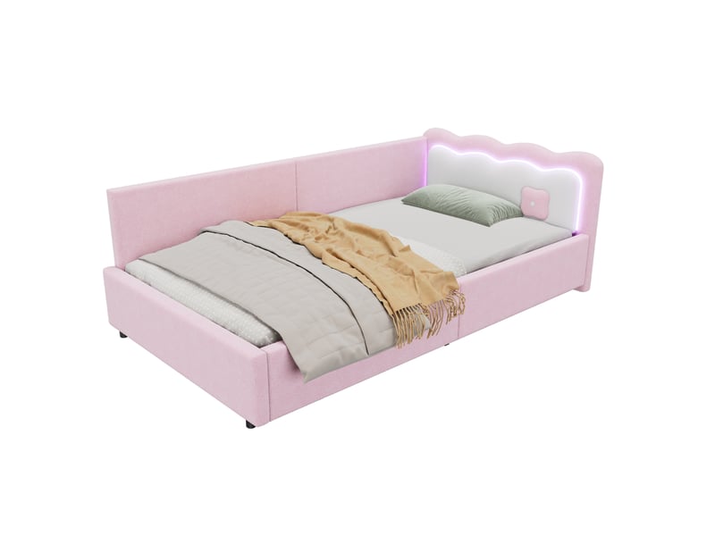  Lit banquette enfant 90x200 cm en velours rose avec led réglable et sommier à lattes  - Conforama A
