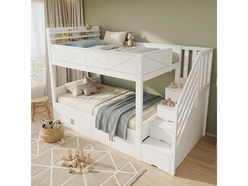  Lit superposé, lit enfant 90x200 cm, escalier de rangement, bois massif blanc, barrière antichute  - Conforama A