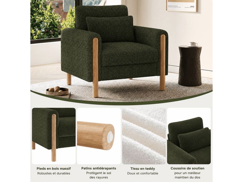  Fauteuil 1 place, coussin d'assise amovible, tissu teddy, coloris vert  - Conforama C