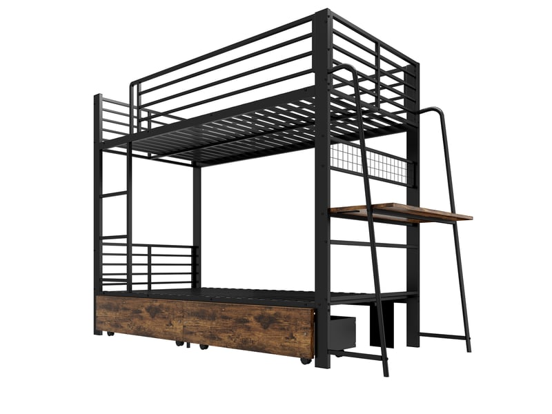 Lit mezzanine 1 place 90×200 cm avec bureau, led et tiroirs - okmyhome- métal noir, sans matelas - Conforama A