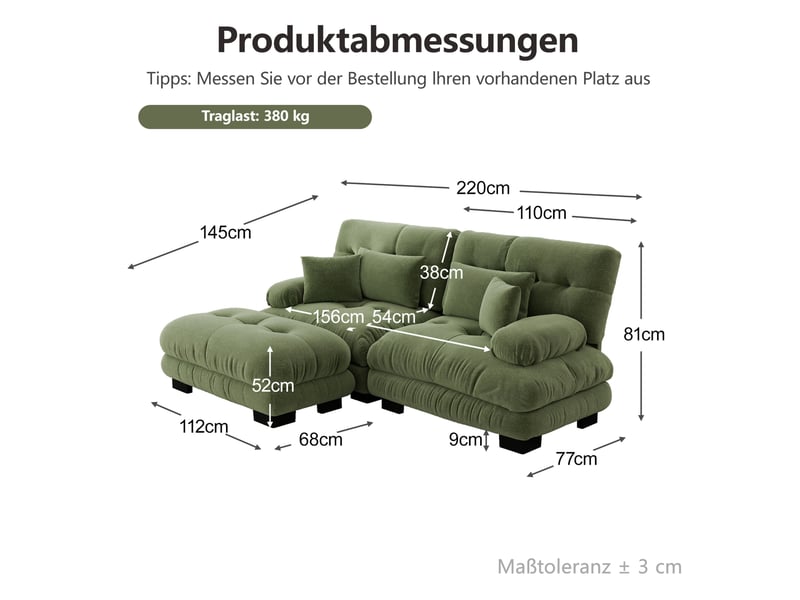 Canapé d'angle modulaire 2 places en chenille vert avec ottoman mobile - Conforama E