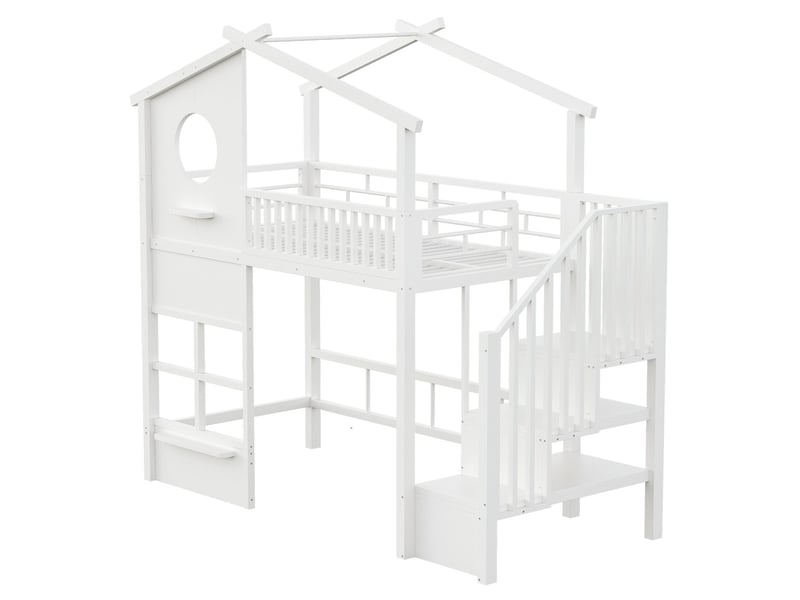  Lit enfant 90 x 200 cm éclairage led lit ado structure de lit mezzanine escalier à compartiments de rangement garde-corps haut structure en fer finition blanche  - Conforama A
