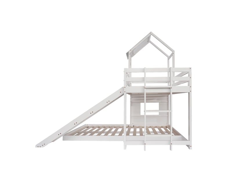  Lit superposé 90x200cm&amp;140x200cm avec toboggan, maison, fenêtre et toit, échelle trois marches, bois, blanc  - Conforama A