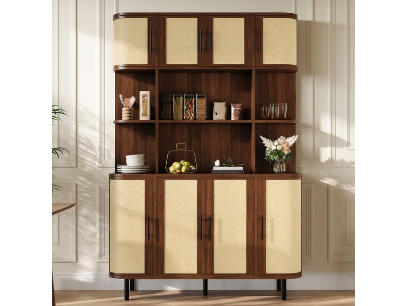  Buffet et enfilade avec 8 portes, façades tressées, poignées noires et pieds en fer, en mdf, noyer, 120 × 20 × 180 cm  - Conforama B