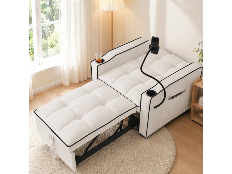 Fauteuil convertible 3-en-1 avec dossier réglable, porte-gobelets et support téléphone, en velours beige, 83 × 167 × 76 cm  - Conforama B