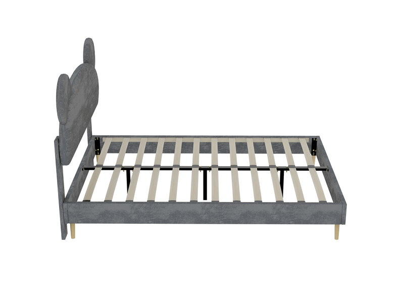  Lit enfant 140x200 cm en tissu gris avec tête de lit oreilles d’ours  - Conforama R