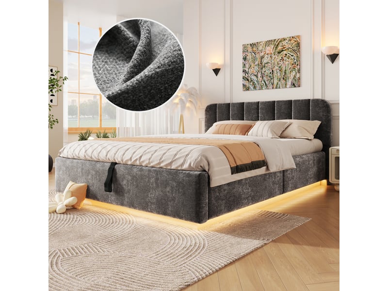 Lit coffre 140x200 cm anthracite, tissu chenille, sommier relevable hydraulique, led contrôlée par appli, sommier à lattes inclus - Conforama R