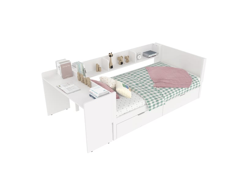 Lit enfant 90x200 cm avec 2 tiroirs, bureau, 3 étagères, sans matelas, blanc  - Conforama D