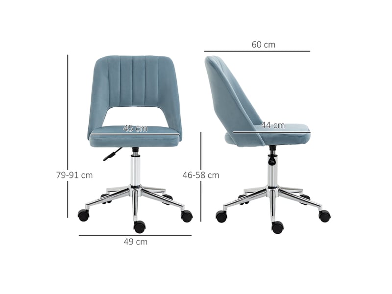  Chaise bureau velours, hauteur réglable, pivotante, coiffeuse, max 120 kg, bleue.  - Conforama E