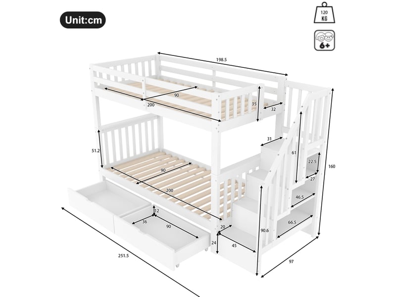  Lit superposé enfant 90 x 200 cm blanc avec escalier-rangement et 2 tiroirs  - Conforama E