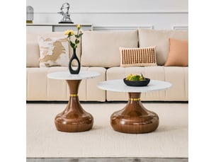 Lot de 2 tables basses rondes gigognes 70x42 cm et 50x51,5 cm design moderne métal blanc et noyer