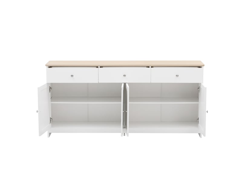  Buffet 160x37x75 cm avec 4 portes et 3 tiroirs, étagères réglables, plateau aspect bois, meuble de rangement pour cuisine, blanc  - Conforama E