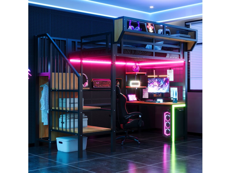 Lit mezzanine 90x200 cm, lit enfant, led, bureau, rangement, charge, échelle, garde-corps, métal+mdf, noir sans matelas - Conforama W