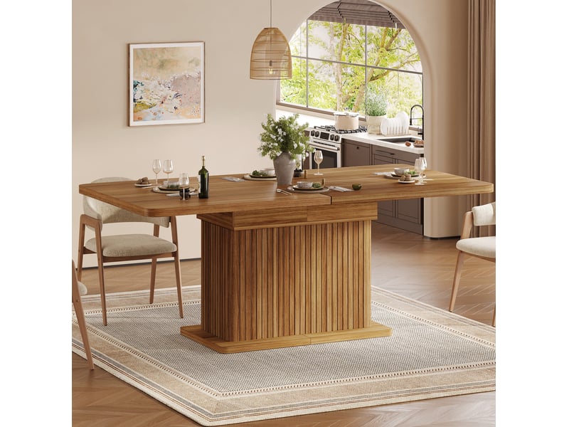  Table de salle à manger extensible avec rangement caché et étagères bilatérales, mdf et métal, bois brun foncé  - Conforama C