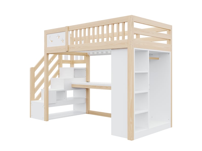 Lit mezzanine 90 x 200 cm avec bureau, led, prises et escalier de rangement, lit simple en bois naturel et blanc avec armoire et étagères - naturelc - Conforama E